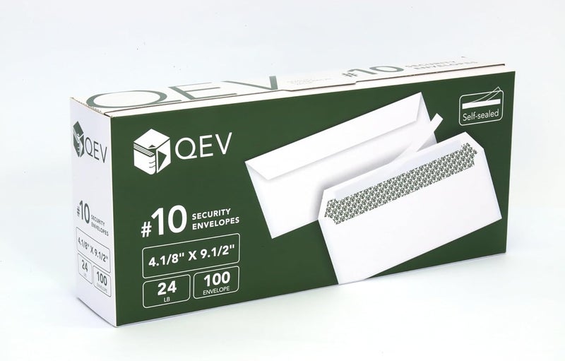 QEV 100 count #10 Self Seal Security Letter Size Envelopes, No. 10 or 4.1/8" x 9.1/2", 24 lb White Paper, Windowless - Image 2